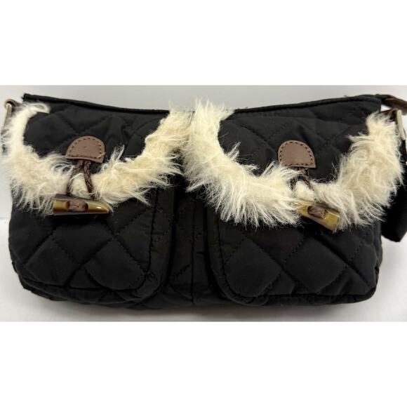 Old Navy Clutch Shoulder Bag Quilted Black Faux Fur Trim Winter EUC - Picture 2 of 10